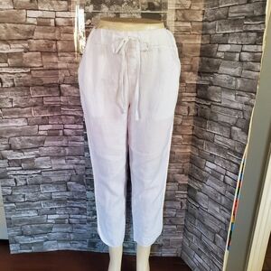 Caslon White Linen Pants Pull-on  Drawstring Beachy Cancun Vacation Pockets Lrg